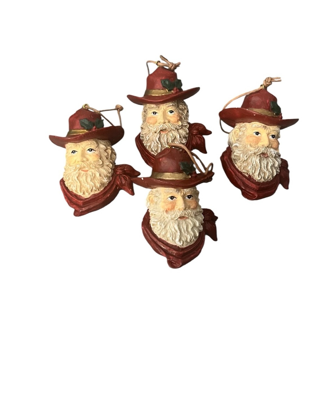 Western Cowboy Santa Head Resin Christmas Ornament Lot of 4